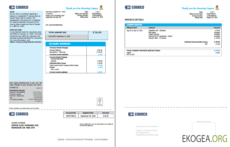 Canada Cogeco utility bill template in Word and PDF formats, 2 pages